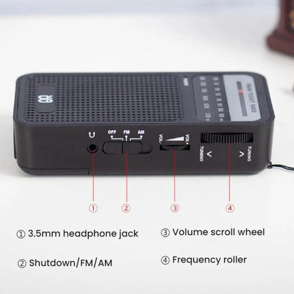 Portable AM/FM Radio with Analog Pointer Tuning for Daily Use - compact black handheld radio with analog pointer tuning, volume wheel, 3.5mm jack