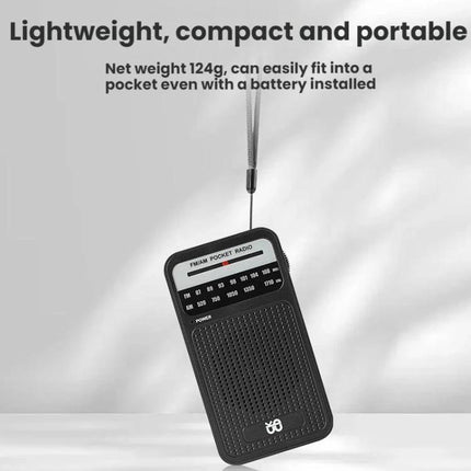 Portable AM/FM Radio with Analog Pointer Tuning for Daily Use - compact black pocket radio with analog dial and wrist strap