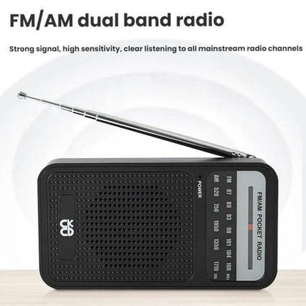 Portable AM/FM Radio with Analog Pointer Tuning for Daily Use — compact AM/FM dual band pocket radio with telescopic antenna and analog tuning display