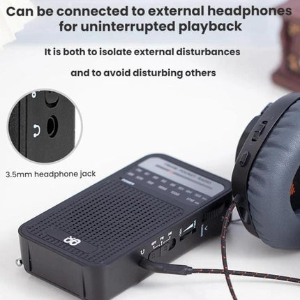Portable AM/FM Radio with Analog Pointer Tuning for Daily Use - compact radio with 3.5mm headphone jack and wired headphones for private listening