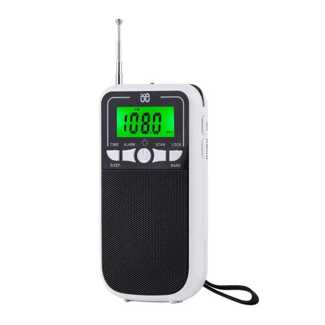 Portable Multi-Band Radio for Everyday Listening and Travel - compact white AM/FM/SW radio with manual tuning, green LCD and telescopic antenna