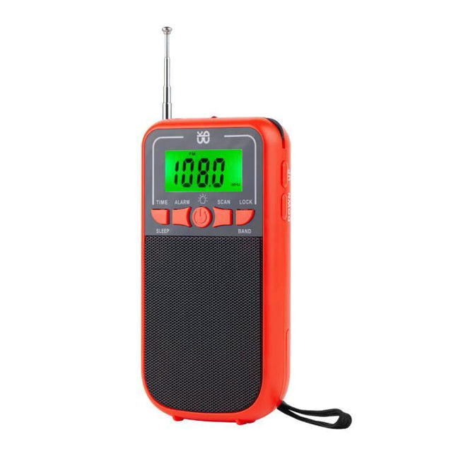 Portable Multi-Band Radio for Everyday Listening and Travel - red portable radio with manual tuning, built-in light, FM 108.0 display and wrist strap