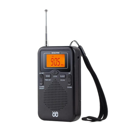 Compact Portable FM/AM Stereo Radio with Digital Clock and Speaker — black pocket radio with digital display, speaker, antenna and wrist strap, 90.5 FM