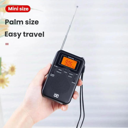 Compact Portable FM/AM Stereo Radio with Digital Clock and Speaker — palm-size black radio with antenna and orange digital display