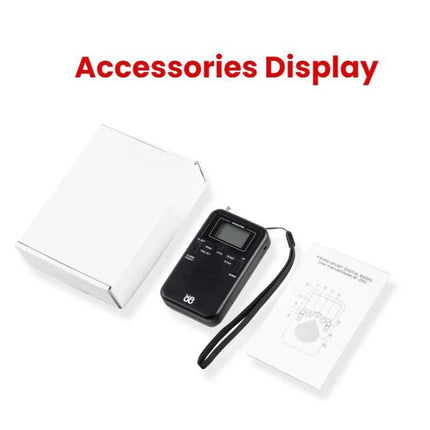Compact Portable FM/AM Stereo Radio with Digital Clock and Speaker showing radio, wrist strap, manual and box for travel and everyday use