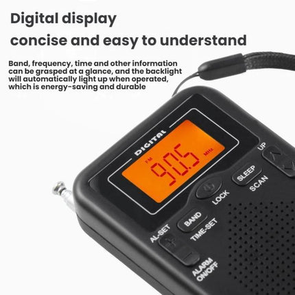 Compact Portable FM/AM Stereo Radio with Digital Clock and Speaker showing orange digital display tuned to 90.5 MHz and front controls