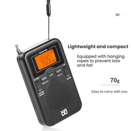 Compact Portable FM/AM Stereo Radio with Digital Clock and Speaker - lightweight black handheld radio with orange display and built-in speaker