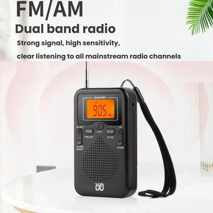 Compact Portable FM/AM Stereo Radio with Digital Clock and Speaker compact black pocket radio with wrist strap and digital display