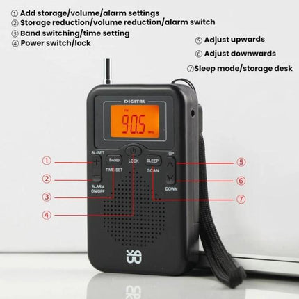 Compact Portable FM/AM Stereo Radio with Digital Clock and Speaker — black portable radio showing 90.5 MHz, buttons and labeled controls, wrist strap