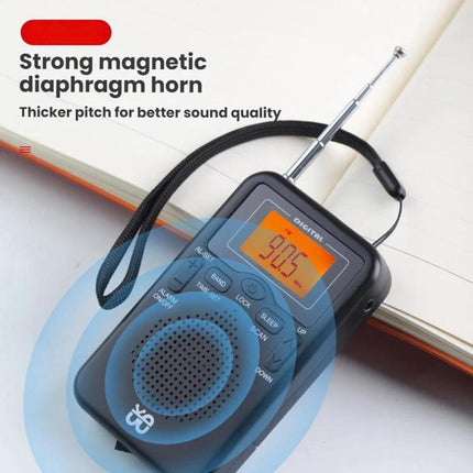 Compact Portable FM/AM Stereo Radio with Digital Clock and Speaker showing tuned 90.5 on orange display, built-in speaker and telescopic antenna
