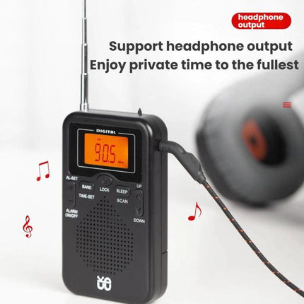 Compact Portable FM/AM Stereo Radio with Digital Clock and Speaker showing headphone output and 90.5 FM on display, compact black travel radio