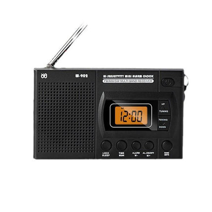 Portable FM AM SW Radio with Digital Clock and LCD Display compact black ABS travel radio with antenna showing 12:00 on orange LCD