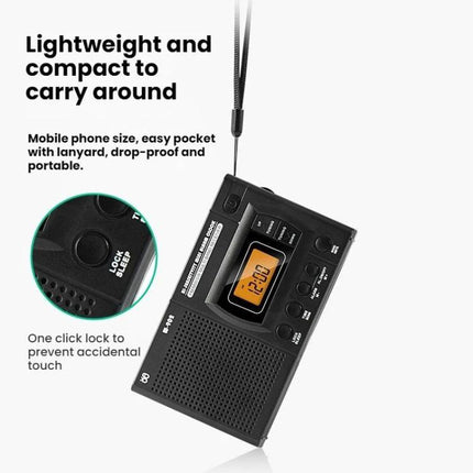 Portable FM AM SW Radio with Digital Clock and LCD Display compact black travel radio with lanyard, automatic tuning and one-click lock
