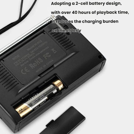 Portable FM AM SW Radio with Digital Clock and LCD Display showing open battery compartment with AA batteries and back cover removed