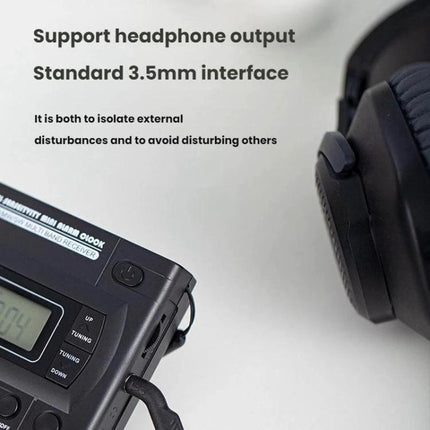 Portable FM AM SW Radio with Digital Clock and LCD Display showing headphone jack and headphones, compact ABS body and LCD screen for travel listening