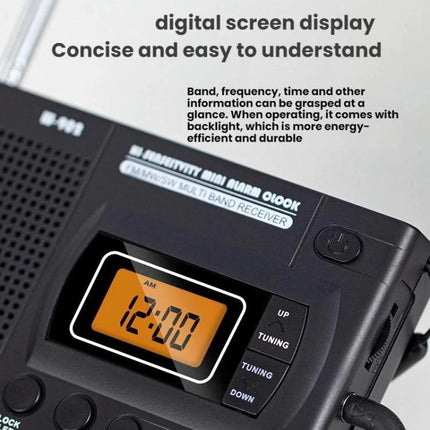 Portable FM AM SW Radio with Digital Clock and LCD Display showing compact unit with illuminated digital clock, LCD screen and tuning buttons