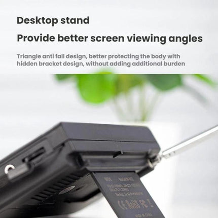 Portable FM AM SW Radio with Digital Clock and LCD Display showing desktop stand and angled LCD for improved viewing, compact ABS travel radio