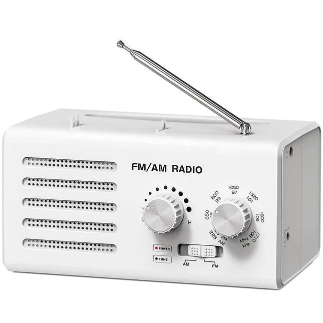 Portable Dual-Band FM and AM Radio with External Power Socket white compact ABS portable radio with manual tuning knobs and telescopic antenna