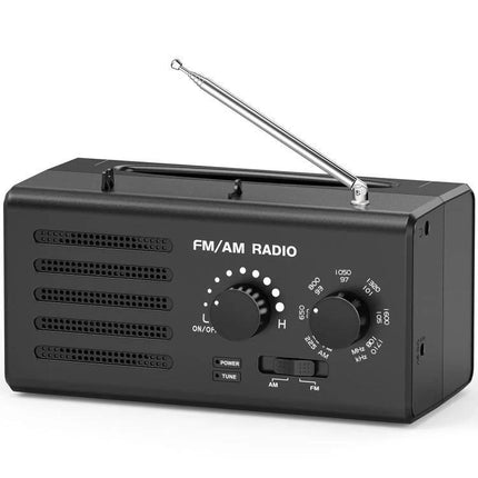 Portable Dual-Band FM and AM Radio with External Power Socket - compact black ABS travel radio with manual tuning knob, telescopic antenna and external power socket