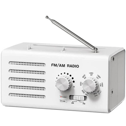Portable Dual-Band FM and AM Radio with External Power Socket - compact white ABS portable radio with telescopic antenna, manual tuning knobs and external power socket