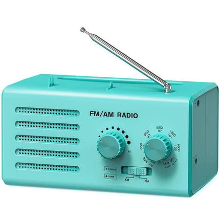 Portable Dual-Band FM and AM Radio with External Power Socket turquoise portable AM/FM radio with telescopic antenna, manual tuning knobs, compact ABS design