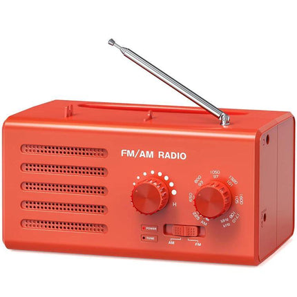 Portable Dual-Band FM and AM Radio with External Power Socket compact red portable AM/FM radio with manual tuning, external power socket and telescopic antenna