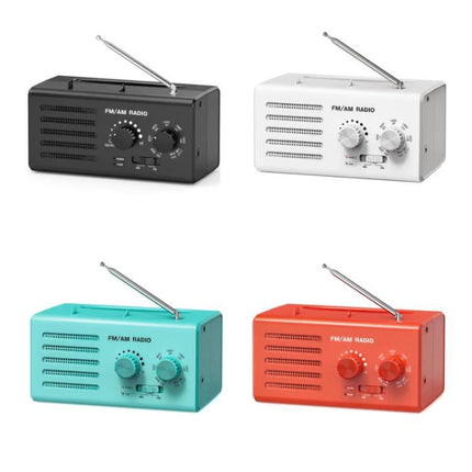 Portable Dual-Band FM and AM Radio with External Power Socket — compact durable ABS travel radio in black white teal and red with retractable antenna
