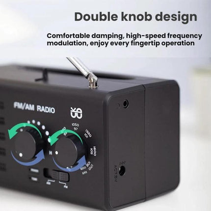 Portable Dual-Band FM and AM Radio with External Power Socket - compact ABS body, dual-knob manual tuning, telescopic antenna and external power socket for travel