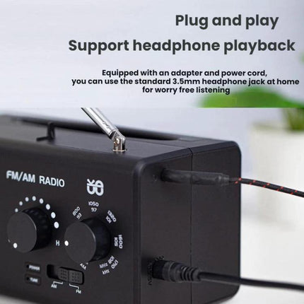Portable Dual-Band FM and AM Radio with External Power Socket - compact ABS portable radio with antenna, manual tuning knobs and external power/headphone ports