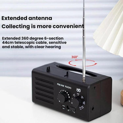 Portable Dual-Band FM and AM Radio with External Power Socket showing extended 44cm 6-section telescopic antenna and manual tuning controls