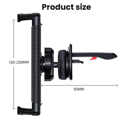 Car Tablet and Phone Holder for 6 to 15 Inch Devices showing adjustable 120-250mm grip, 95mm vent mount, ABS body with silicone padding