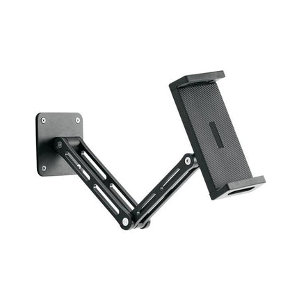 Rotating Aluminum Wall Mount for 4-12.9 Inch Phones and Tablets installed on wall holding a tablet at adjustable angle