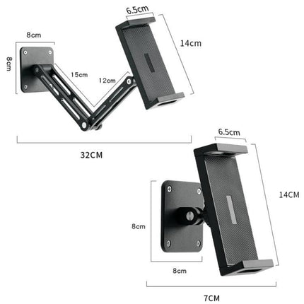 Rotating Aluminum Wall Mount for 4-12.9 Inch Phones and Tablets showing adjustable arm, wall plate and device cradle with dimensions