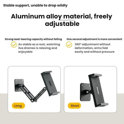 Rotating Aluminum Wall Mount for 4-12.9 Inch Phones and Tablets - adjustable aluminum alloy wall mount showing long and short arm positions