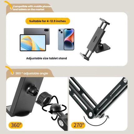 Rotating Aluminum Wall Mount for 4-12.9 Inch Phones and Tablets showing adjustable 360° and 270° angles with phone and tablet examples