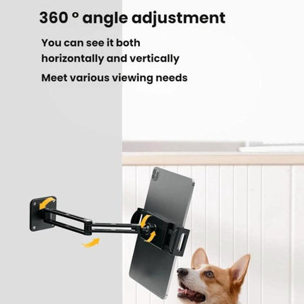 Rotating Aluminum Wall Mount for 4-12.9 Inch Phones and Tablets showing 360° angle adjustment holding a tablet on an extendable arm