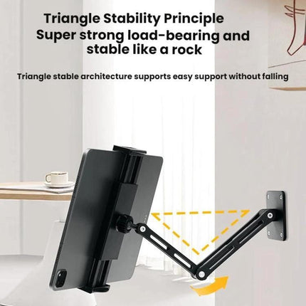 Rotating Aluminum Wall Mount for 4-12.9 Inch Phones and Tablets showing tablet on adjustable triangular aluminum arm for stable hands-free viewing