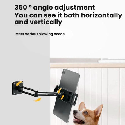 Rotating Aluminum Wall Mount for 4-12.9 Inch Phones and Tablets showing 360° angle adjustment with tablet mounted on adjustable arm