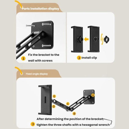 Rotating Aluminum Wall Mount for 4-12.9 Inch Phones and Tablets showing bracket installation steps and adjustable arm