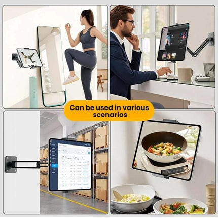 Rotating Aluminum Wall Mount for 4-12.9 Inch Phones and Tablets displaying tablet in kitchen, office, gym and warehouse for hands-free viewing