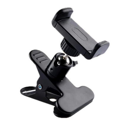 Adjustable Desktop Clamp Holder for Phones and Tablets - black metal and plastic clamp mount for desk, bed, or kitchen use