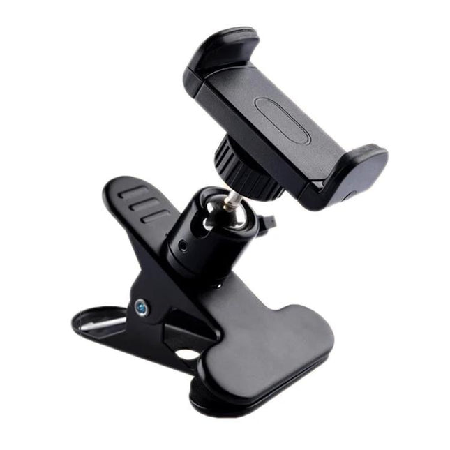 Adjustable Desktop Clamp Holder for Phones and Tablets - black metal and plastic clamp mount for desk, bed, or kitchen use