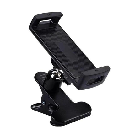 Adjustable Desktop Clamp Holder for Phones and Tablets - black metal and plastic clamp with adjustable ball joint for desk, bed, or kitchen use
