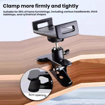 Adjustable Desktop Clamp Holder for Phones and Tablets securely clamped to a wooden desk showing 5cm opening and adjustable ball joint