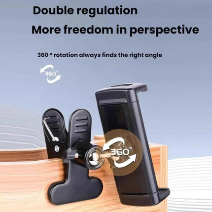 Adjustable Desktop Clamp Holder for Phones and Tablets mounted on desk with 360° rotation showing clamp and adjustable angle