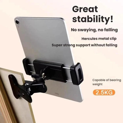 Adjustable Desktop Clamp Holder for Phones and Tablets securely clamped to a desk holding a tablet for stable hands-free use