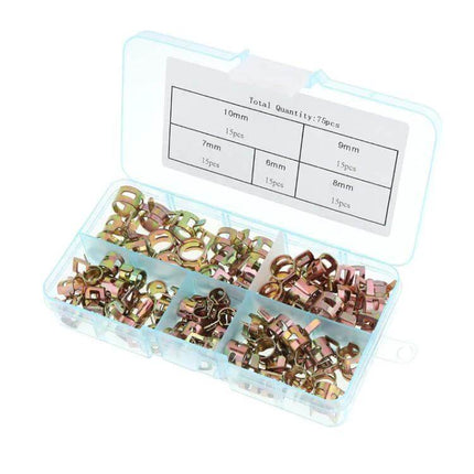 M6/M10 Automotive Fuel Line Mini Spring Hose Clamp Set, 75 Pcs – organized 5-size galvanized spring steel clamps in plastic storage box
