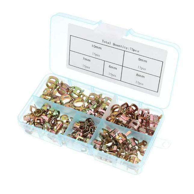 M6/M10 Automotive Fuel Line Mini Spring Hose Clamp Set, 75 Pcs – organized 5-size galvanized spring steel clamps in plastic storage box