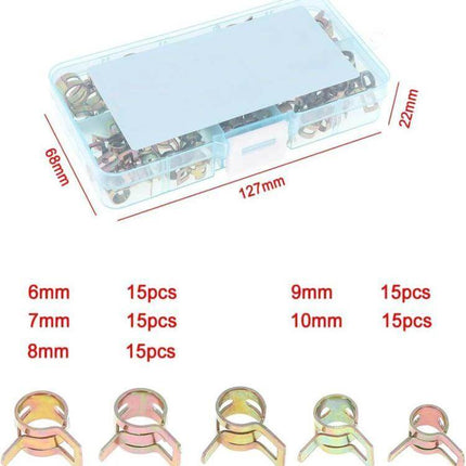 M6/M10 Automotive Fuel Line Mini Spring Hose Clamp Set, 75 Pcs – zinc galvanized 5-size assortment in plastic case (15pcs each M6-M10)