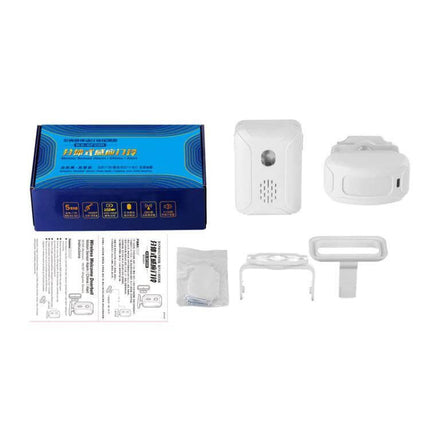 Wireless Entry Alert Doorbell for Supermarkets and Shops - white sensor kit with chime, mounting brackets and packaging